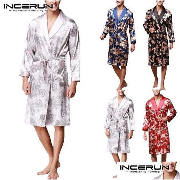 Ropa de dormir para hombres Elegante bata para hombre Mangas largas Albornoz Seda Kimono Lucky Dragon Imprimir Pijamas Noche Bata Mascina Homewear1 D Dhho3