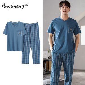 Ropa de dormir para hombres Conjuntos de pijamas de algodón de verano para hombres Pantalones largos de manga corta Ropa de descanso informal para niños Ropa de dormir de lujo con cuello en V Ropa elegante para hombres 230505