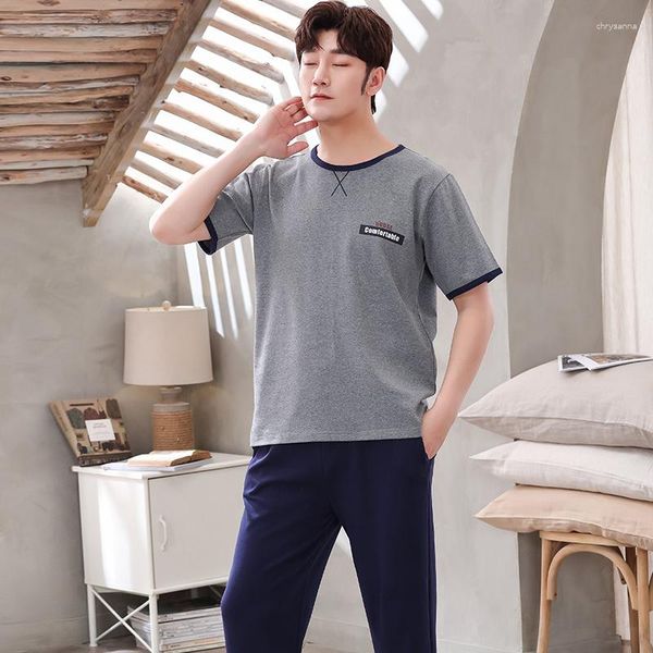 Ropa de dormir para Hombre, Pijamas de algodón de verano, conjunto de Pijamas de manga corta y pantalones largos, Pijama de noche informal para Hombre, tallas grandes 4XL, ropa de casa