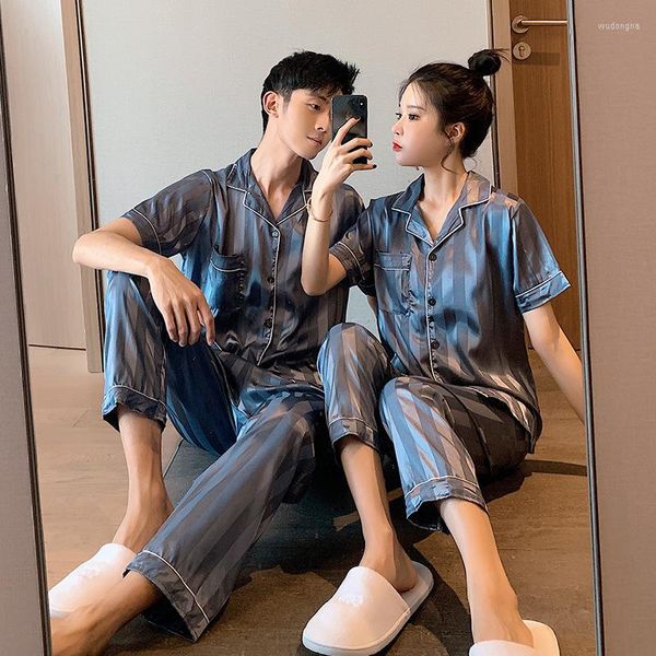 Vêtements de nuit pour hommes Summer Homewear Couple 's Pyjamas Set Short Sleeve Satin Silk Thin Plus Size Loose Men Women Two Piece Suit Casual Tops