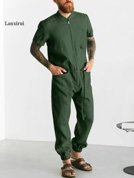 Sleepkleding voor heren Zomer Lange mouw Stand Kraag Zipper Romper voor mannen Casual eenvoudige broek Homesuit Mode Mens Solid veter jumpsuitmen's