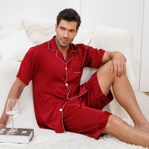 Ropa de dormir para hombres Conjunto de pijamas de verano para hombres Camisa de manga corta de satén de seda burdeos Pantalones cortos 2 piezas Pijamas Traje suelto Ropa informal para el hogar