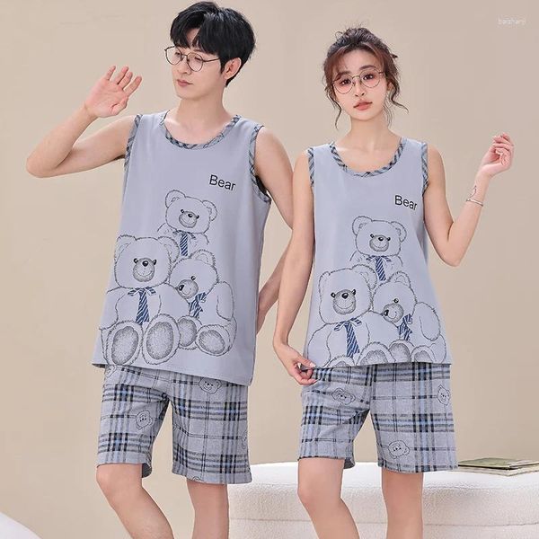 Männer Nachtwäsche Sommer Plaid Shorts Cartoon Bär Weste Tops Paar Pyjama Set Ärmellose Männer Und Frauen Baumwolle Homewear Liebhaber pyjamas