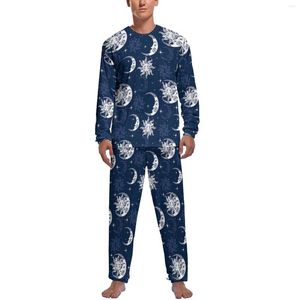 Ropa de Dormir para Hombre Pijamas de Sol y Luna Hombre Estampado Retro Moda Diaria Manga Larga Conjuntos de Pijama Estampados para Dormir de 2 Piezas