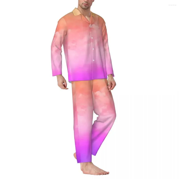 Ropa de Dormir para Hombre Pijamas de Nubes al Atardecer Hombre Amarillo Naranja Rosa Cómodo Ocio Primavera 2 Piezas Conjuntos de Pijama de diseño Informal de Gran tamaño