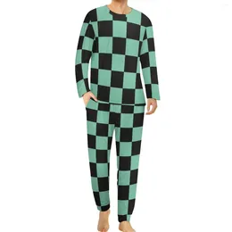 Homens sleepwear tanjiro padrão pijamas inverno sono nightwear homens 2 peças personalizado manga longa na moda conjuntos de pijama de grandes dimensões