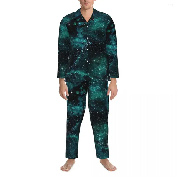 Vêtements de nuit pour hommes Teal Galaxy Design Spring Space Stars Print Casual Pyjamas surdimensionnés Ensemble mâle à manches longues doux quotidien graphique costume à la maison