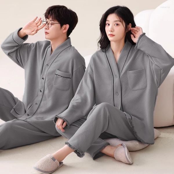 Ropa de dormir para hombres engrosar algodón de algodón cálido kimono para parejas que coinciden con mujeres y hombres V cuello pijamas pijama de invierno otoño