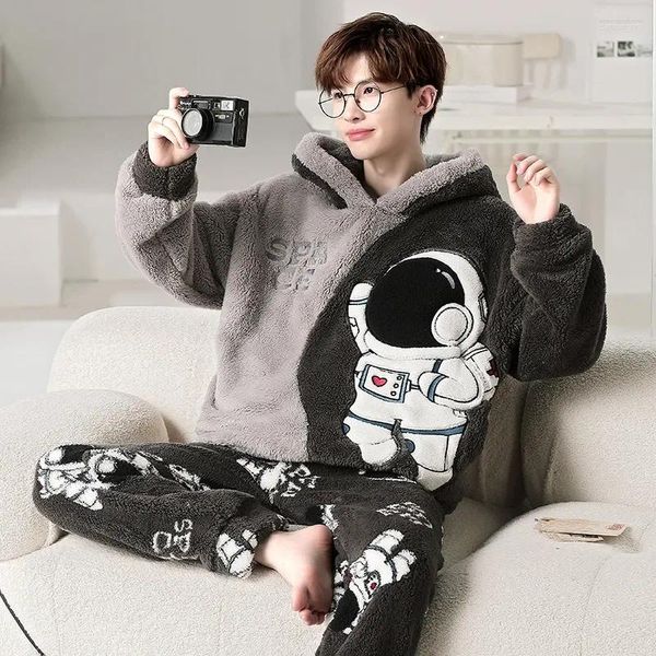 Vêtements de nuit pour hommes épaissir mâle pyjama adulte hommes chaud pyjama doux hiver ensembles coréen loungewear pijama cool à capuche