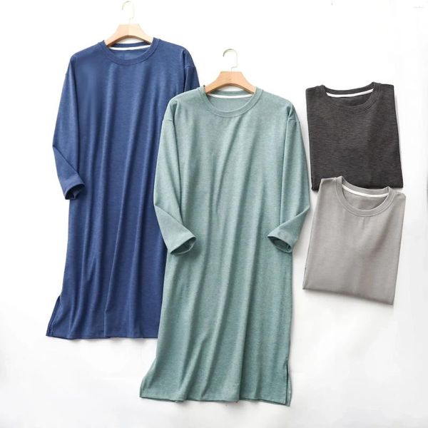 Ropa de dormir para hombres Camisón de otoño engrosado Ropa para dormir Vestido largo de noche Pijamas lisos de una pieza Invierno Tallas grandes con mangas y hogar para hombres