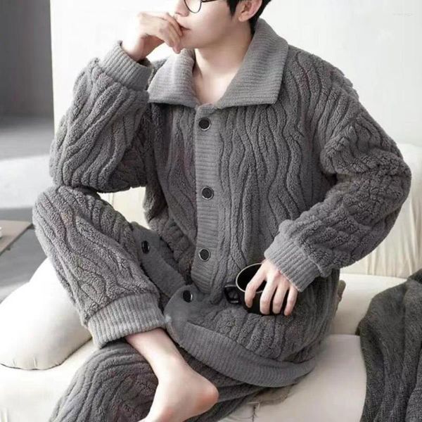 Pyjamas épais pour hommes, ensemble de vêtements de nuit pour hommes, confortable, avec texture en peluche, élastique à revers simple boutonnage