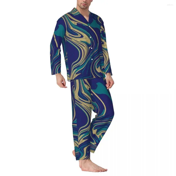 Vêtements de nuit pour hommes Tie Dye Marble Pyjamas Hommes Liquid Print Belle Sommeil Printemps 2 Pièces Casual Oversize Design Pyjama Ensembles