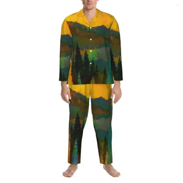 Vêtements de nuit pour hommes Arbres et montagnes Pyjama Ensembles Automne Peinture d'impression abstraite Chambre romantique Hommes 2 pièces Vintage Home Suit