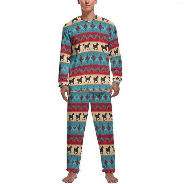 Ropa de dormir para hombre, pijamas de caballo tribal, manga larga, estampado Vintage, conjuntos de pijama informales de 2 piezas, primavera, personalizado, lindo