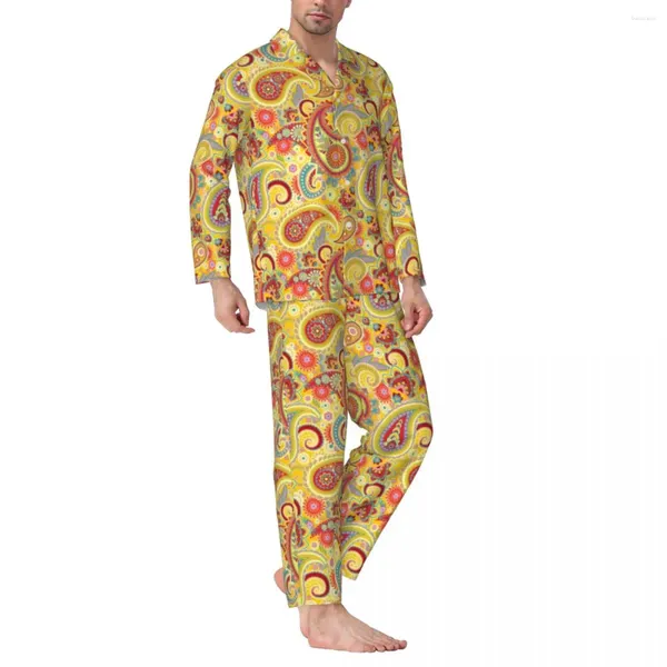 Vêtements de nuit pour hommes Trippy Hippie imprimé automne Vintage Paisley surdimensionné pyjama ensemble hommes à manches longues mignon loisirs personnalisé vêtements de nuit