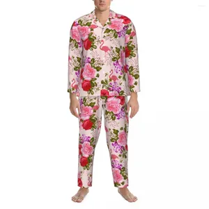 Vêtements de nuit pour hommes Tropical Baroque Floral Pyjama Ensemble Vintage Rose Roses Romantique Mâle Manches Longues Esthétique Sommeil Deux Pièces Costume À La Maison