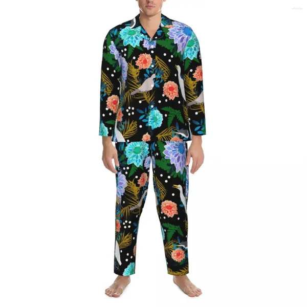 Ropa de dormir para hombre, pijamas florales tropicales, estampado de pájaros, cómodo sueño, primavera, 2 piezas, conjuntos de pijamas con gráficos vintage de gran tamaño