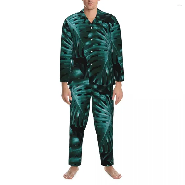 Vêtements de nuit pour hommes Tropical Monstera Pyjama Ensemble Jungle Nuit Feuilles Tendance Hommes À Manches Longues Chambre Lâche 2 Pièces Costume À La Maison Grande Taille 2XL