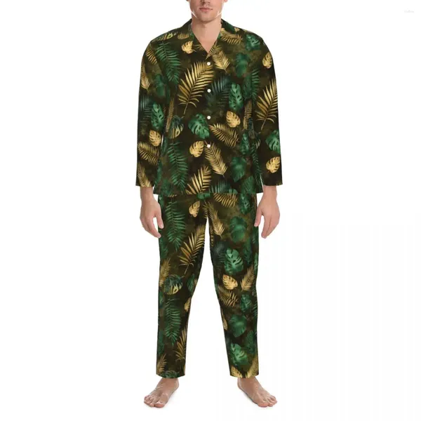 Vêtements de nuit pour hommes Feuilles de palmier tropicales Pyjama Ensemble Printemps Jungle Vert Jaune Chambre confortable Hommes 2 pièces Casual Vêtements de nuit surdimensionnés
