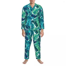 Vêtements de nuit pour hommes Ensembles de pyjama à imprimé tropical Automne Funky Feuille de bananier Couple quotidien 2 pièces Vintage Oversize Vêtements de nuit Cadeau d'anniversaire