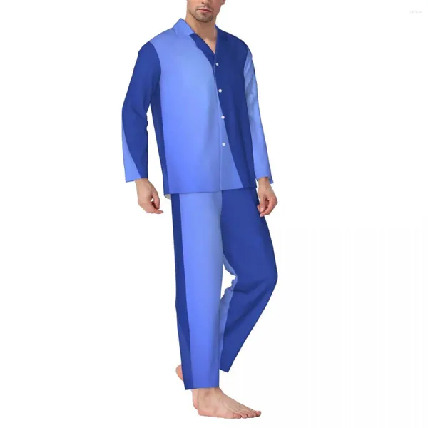 Vêtements de nuit pour hommes, ensemble pyjama océan bicolore, Texture bleue, joli couple, manches longues, salle décontractée, 2 pièces, vêtements de nuit, grande taille