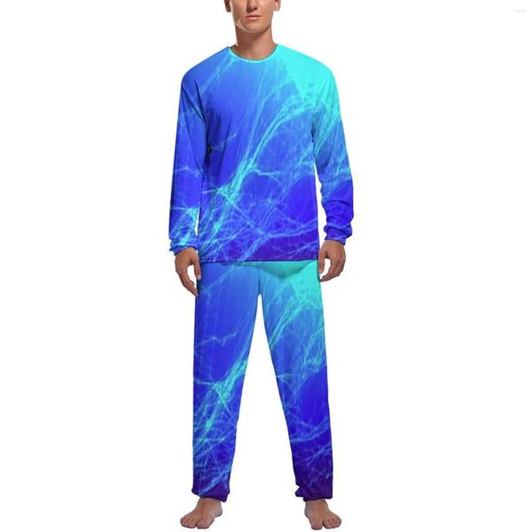 Vêtements de nuit pour hommes Pyjamas bicolores Automne 2 pièces Bleu et vert Ensembles de pyjama romantiques Hommes Manches longues Imprimé à la maison