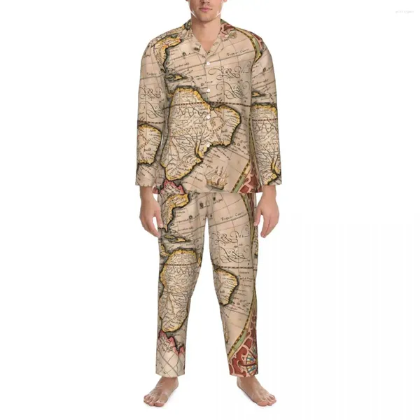 Ropa de dormir para hombres Vintage Otoño Mapas Imprimir Conjunto de pijama de gran tamaño Hombres Manga larga Kawaii Patrón de ocio Ropa de dormir