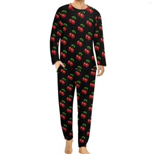 Ropa de dormir para hombre, pijamas Vintage con estampado de cerezas, otoño, amante de la fruta, ocio, hombres, dos piezas, gráfico, manga larga, conjuntos de pijama de gran tamaño a la moda