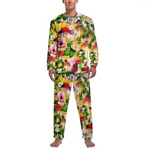 Vêtements de nuit pour hommes Vintage Champignons Pyjamas à manches longues Floral Garden 2 pièces Chambre Pyjama Ensembles Automne Hommes Imprimé Belle Nuit