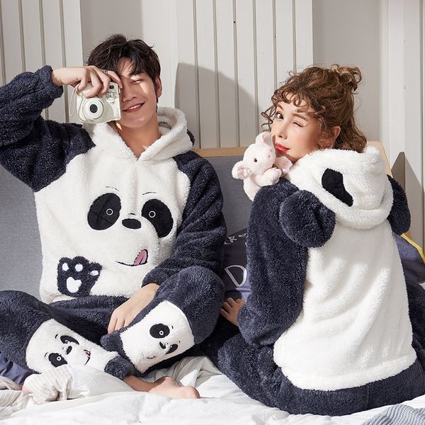 Vêtements de nuit pour hommes chaud hiver couple vêtements de nuit mignon dessin animé pyjamas ensembles à capuche épaissir unisexe adulte hommes femmes maison vêtements Charistmas pyjama costume 220827