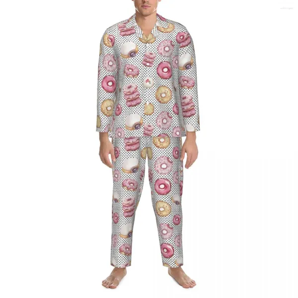 Vêtements de nuit pour hommes Aquarelle Donut Pyjamas Mâle Mignon Polka Dot Imprimer Tendance Chambre Printemps 2 Pièces Vintage Oversize Custom Home Costume