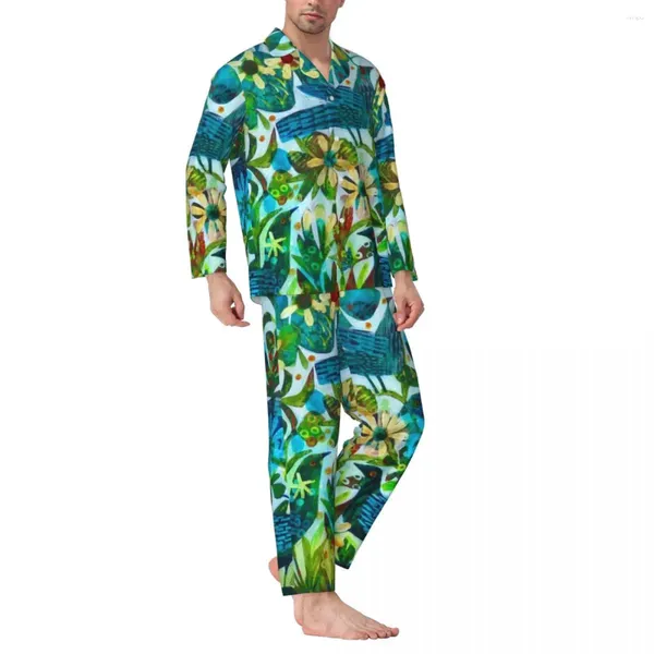 Vêtements de nuit pour hommes Aquarelle Floral Automne Joyeux Oiseau Été Lumière Vintage Oversize Pyjama Ensemble Hommes À Manches Longues Chambre Design Vêtements De Nuit