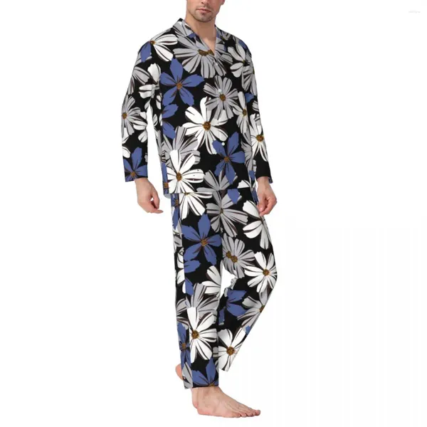 Vêtements de nuit pour hommes Blanc Bleu Marguerites Pyjamas Hommes Funky Floral Imprimer Belle Maison Automne 2 Pièces Casual Oversize Graphique Pyjama Ensembles