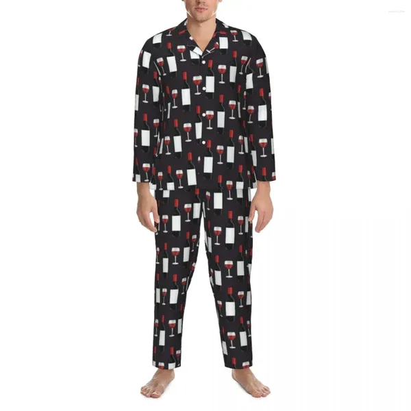 Ropa de dormir para hombre Conjunto de pijamas con estampado de vino Otoño Estampado rojo Encantador hombre de noche 2 piezas Casual Gráfico de gran tamaño Traje para casa Idea de regalo