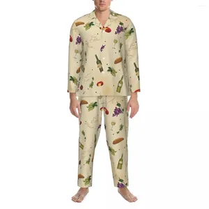 Vêtements de nuit pour hommes motif de vin printemps drôle alimentaire imprimé décontracté lâche surdimensionné pyjama ensembles hommes à manches longues doux nuit graphique costume à la maison