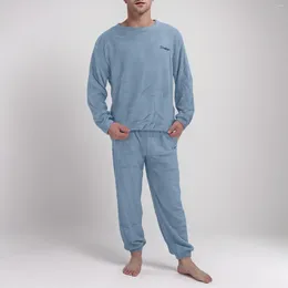 Pyjamas pour hommes hiver corail velours chaud pyjamas hommes solide surdimensionné épais thermique homewear pulls à col ras du cou pantalons cravate-pied doux
