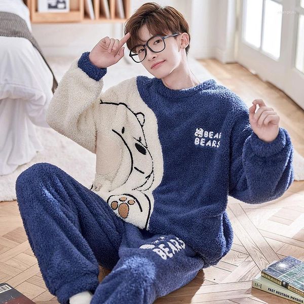 Ropa de dormir para hombres Conjuntos de pijamas coreanos de invierno para hombres Ropa para el hogar para adultos Espesar Traje de pijama suave Ropa de descanso Ropa de pijama masculina de oso suelto