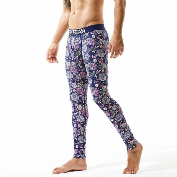 Ropa de dormir de invierno para hombre, calzoncillos largos sexis a la moda de algodón, ropa interior térmica, mallas individuales cálidas con flores moradas, pantalones de alta calidad1