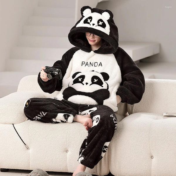 Vêtements de nuit pour hommes hiver hommes pyjamas ensemble pyjama adulte épaissir pyjamas à capuche dessin animé panda coréen amoureux en vrac mâle homewear