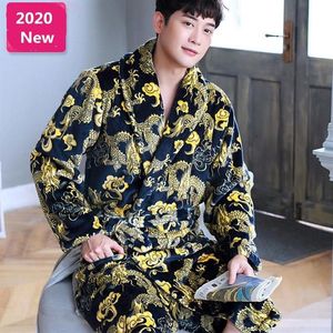 Vêtements de nuit pour hommes hiver robes de nuit pyjamas sexe haut homme imprimé Dragon ceinture longue Robe flanelle chaud Homewear grande taille Pis213y