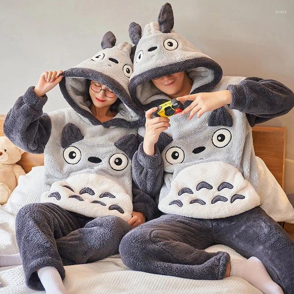Vêtements de nuit pour hommes hiver pyjamas ensemble flanelle à capuche vêtements de maison amoureux vêtements de nuit chaud Couple correspondant Pyjama Anime Pijama