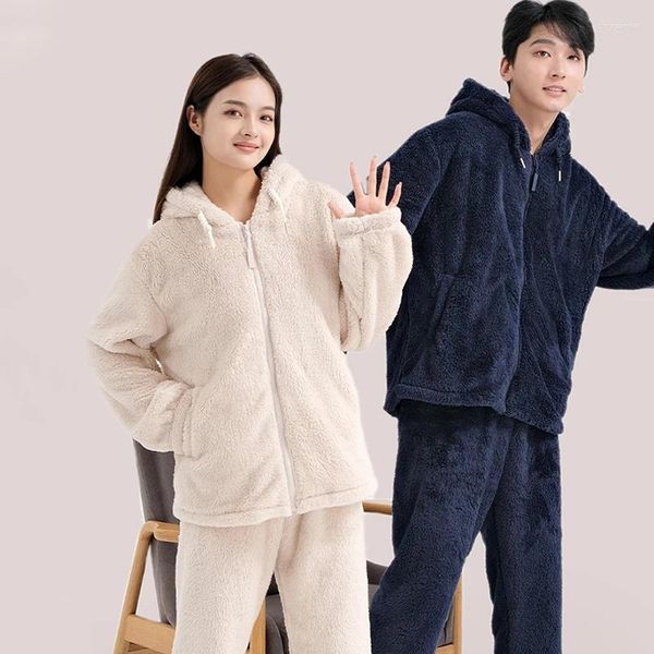 Vêtements de nuit pour hommes hiver épais thermique velours couple pyjamas ensemble pour femmes hommes chaud peluche homewear amoureux maison cardigan pijamas