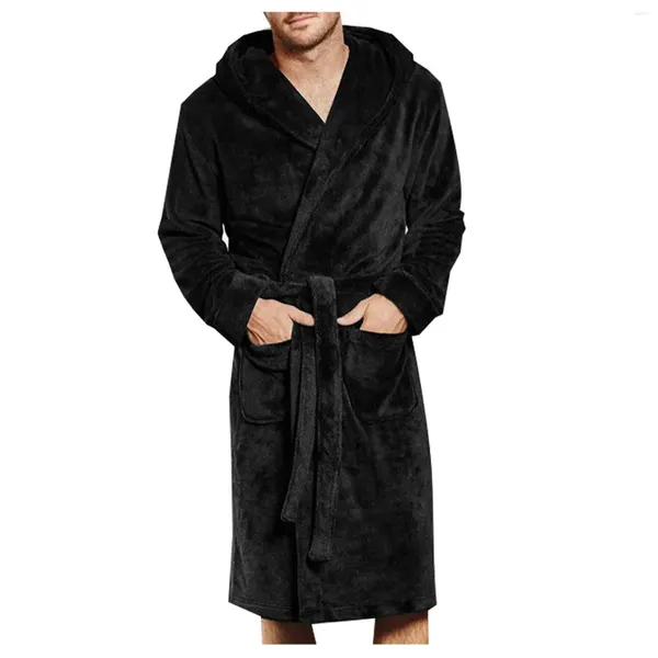 Vêtements de nuit pour hommes hiver Robe chaude grande taille à capuche noir épaissi peluche châle peignoir à manches longues maison pyjamas Peignoir Homme