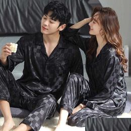 Ropa de dormir para hombres para mujeres pareja de pijama para el diseño de diseño a cuadros Pantalones de sueño de manga larga Pajama de satén delgado de satén II82662