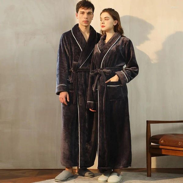 Vêtements de nuit pour hommes Femmes Hommes Extra Long Chaud Coral Fleece Peignoir Hiver Épais Flanelle Thermique Peignoir Kimono Robe De Chambre Mariée Peignoir