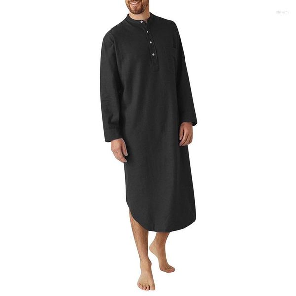 Vêtements de nuit pour hommes Robe chemise en lin boutonnée avec poches - Coupe ample décontractée à manches courtes Solid Kaftan Thobe Robe de nuit