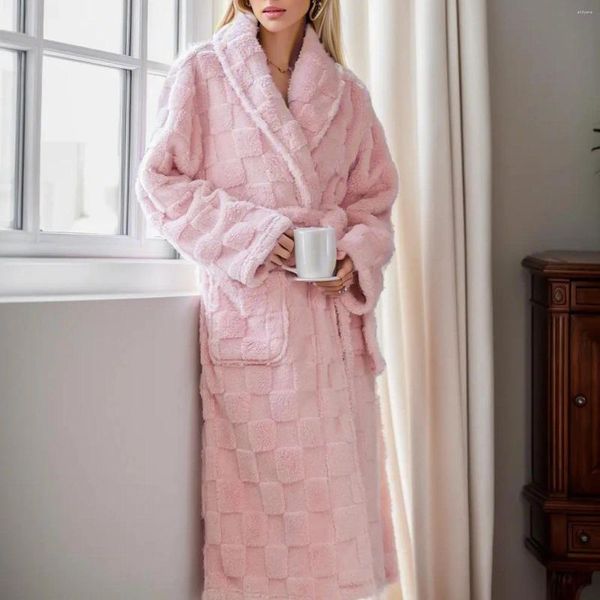 Ropa de dormir para hombre, Pijama para Mujer, bata de lana de manga larga, mezcla de algodón a cuadros, albornoz cálido, conjunto de ropa de dormir, Pijama para Mujer de invierno