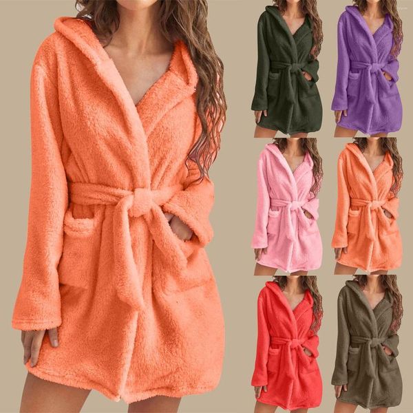 Ropa de dormir para hombres Color sólido Manga larga Bolsillo con capucha Rodilla Corta H Pijamas Robe Homewear Albornoz