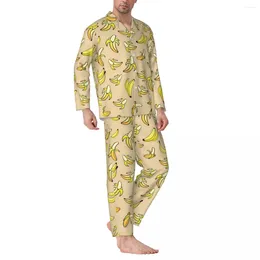 Pyjama banane jaune pour hommes, ensemble de pyjama, imprimé de fruits d'automne, loisirs à la mode, 2 pièces surdimensionnées, vêtements de nuit personnalisés, cadeau d'anniversaire