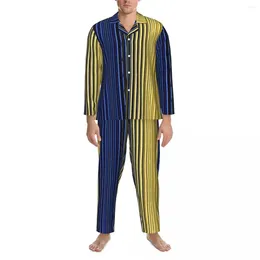 Ropa de dormir para hombres Amarillo Azul Rayado Otoño Dos Tonos Casual Conjuntos de pijamas de gran tamaño Masculino de manga larga Ocio de moda Traje de casa personalizado